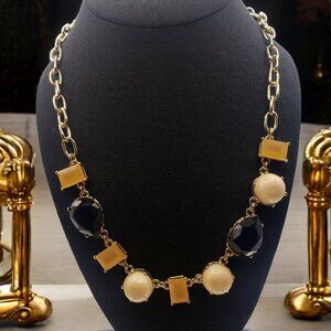 EUC J Crew Gold Tone Faux Pearl Black & Caramel Rhinestone Statement Necklace